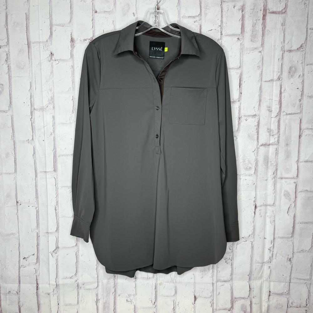 Lysse Lydia Button Down Tunic Top Size S Gray Stretch Pullover Travel Minimalist